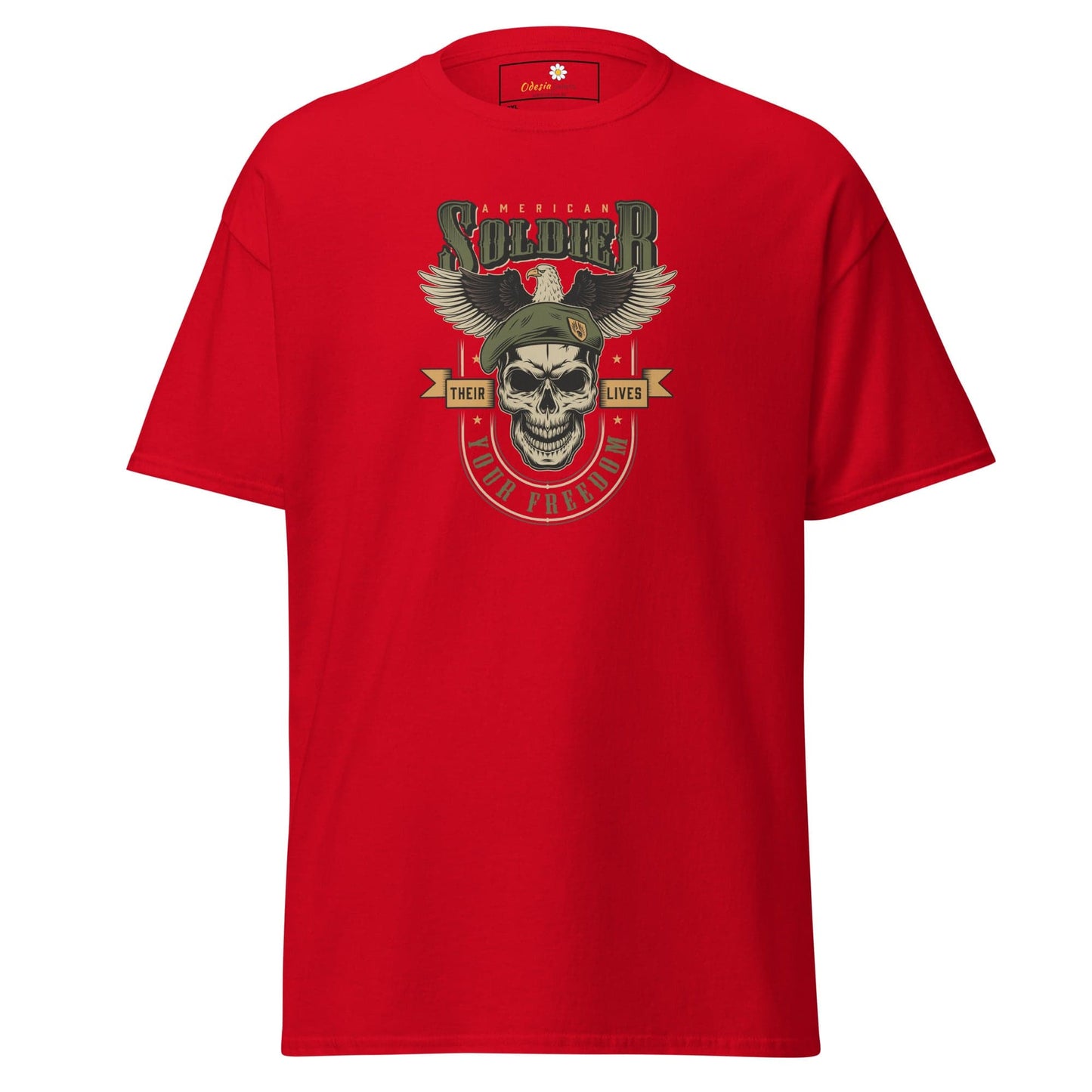 Red T-shirt with military-themed graphic for Men and Women in sizes 2XL to 5XL