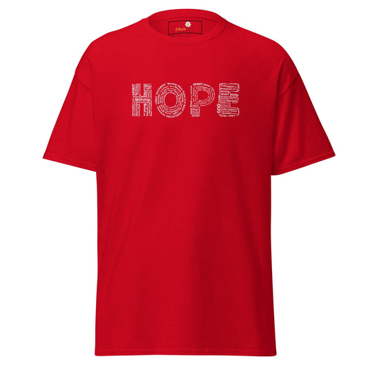 Red t-shirt with ’HOPE’ graphic.