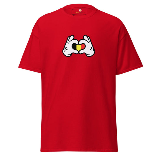 Red t-shirt with cartoon hands forming a heart with the Belgian flag.