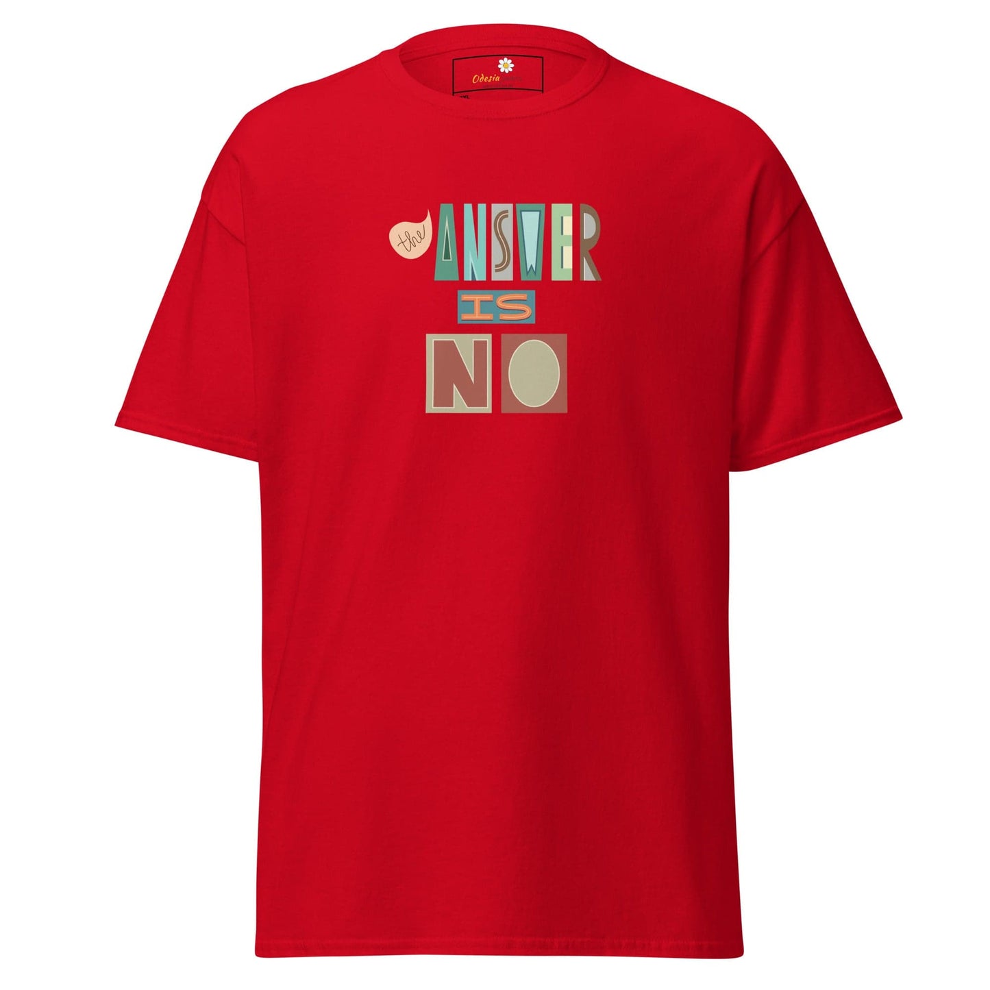 Red t-shirt with ’Answer is No’ graphic.