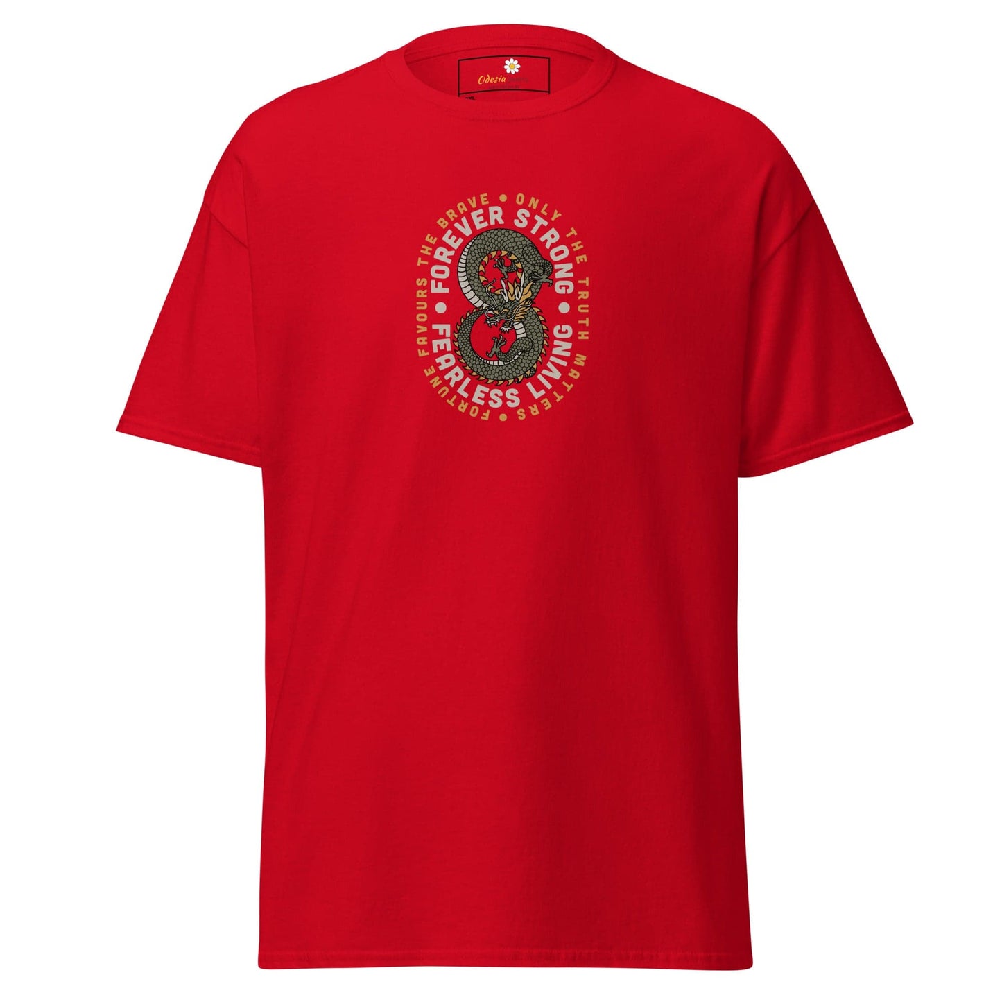 Red t-shirt with dragon graphic.
