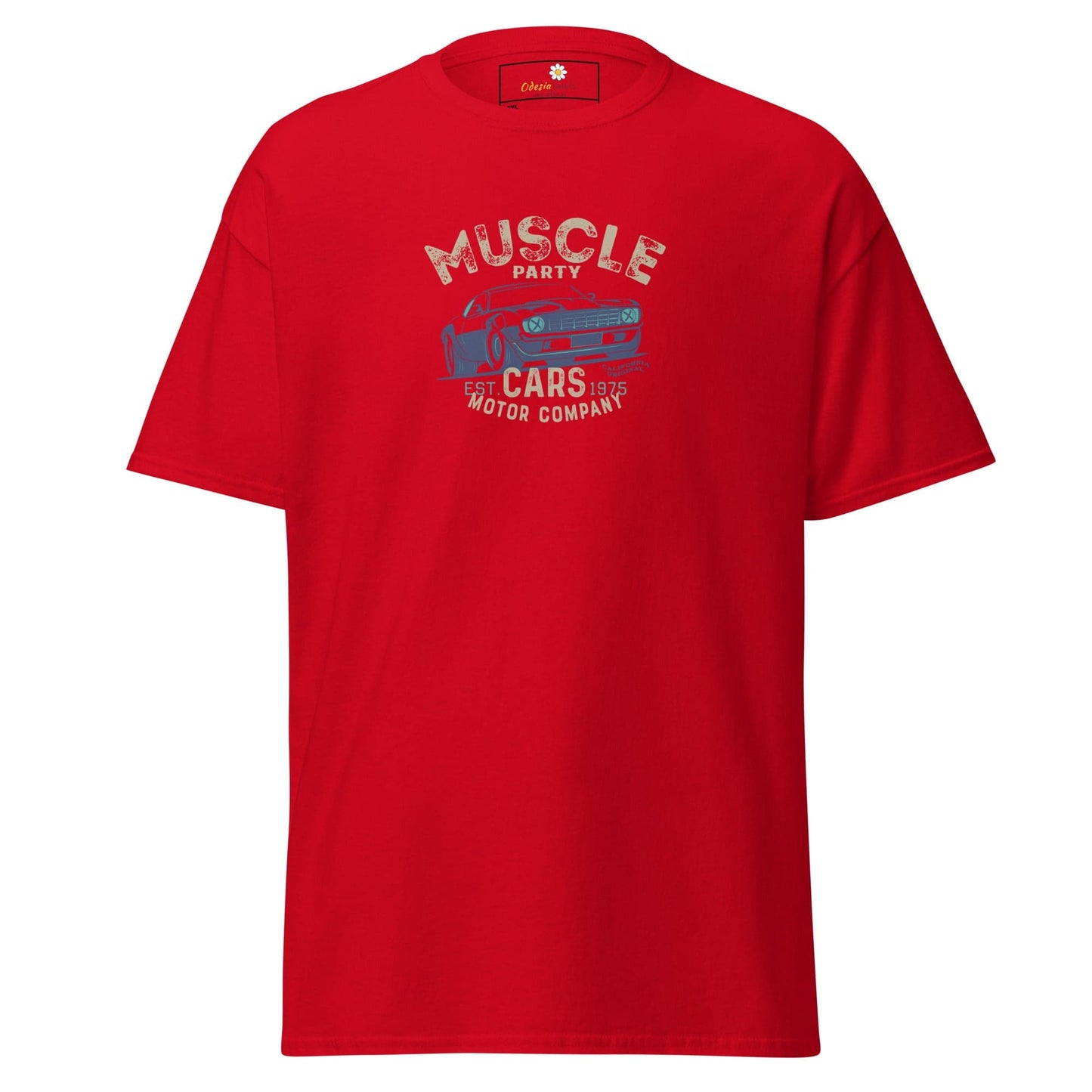 Red t-shirt with car graphic.