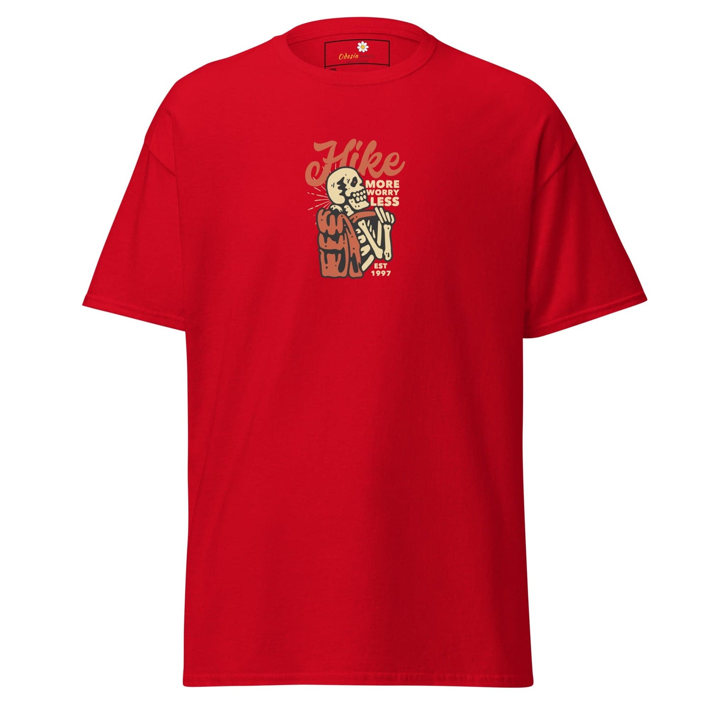 Red t-shirt with skeleton hiker graphic.
