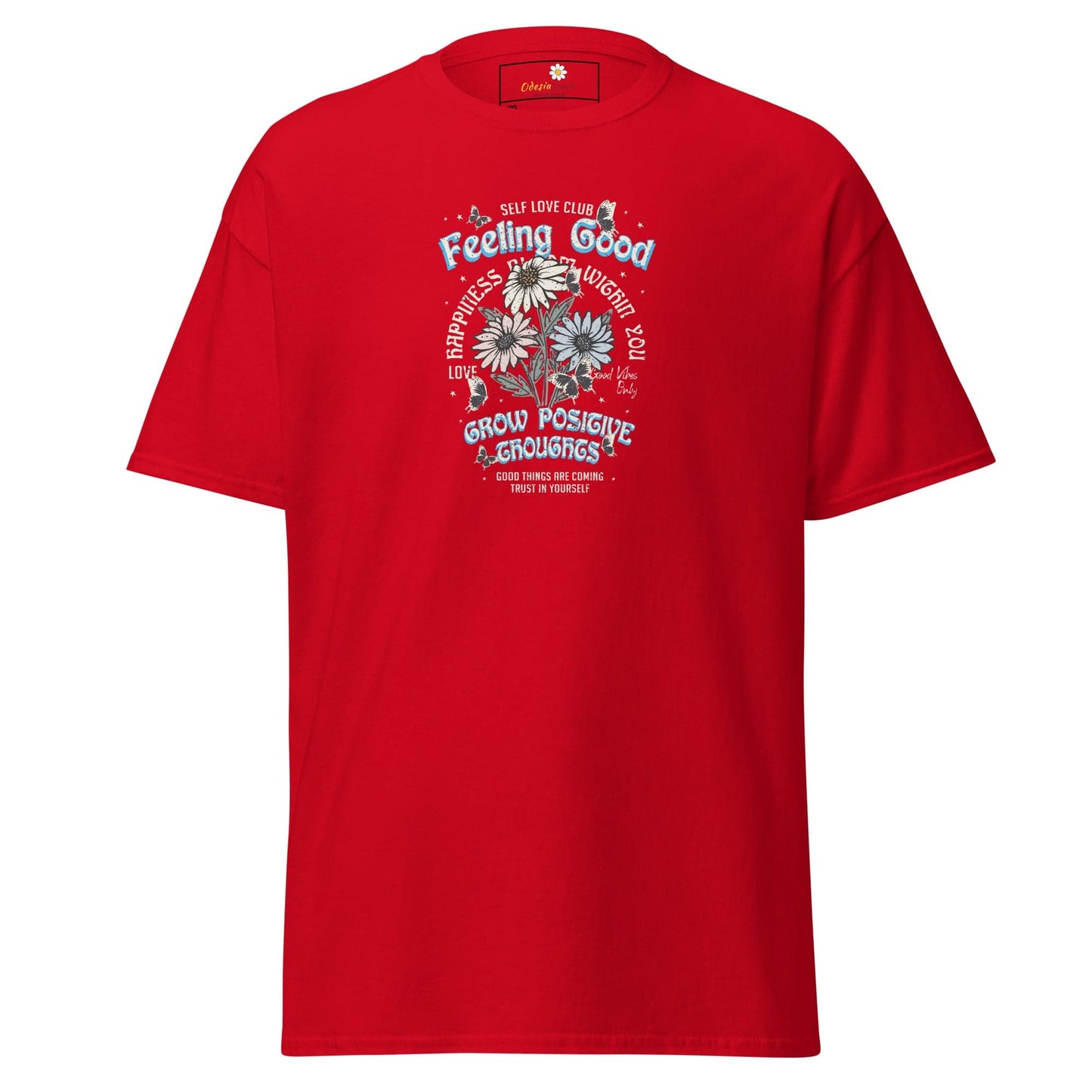 Red t-shirt with floral graphic.