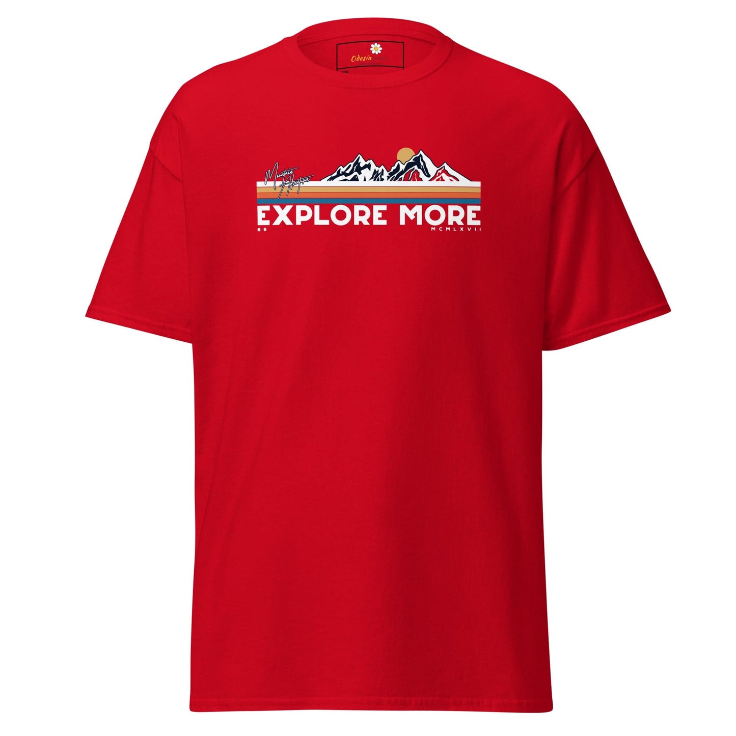 Red t-shirt with mountain graphic.