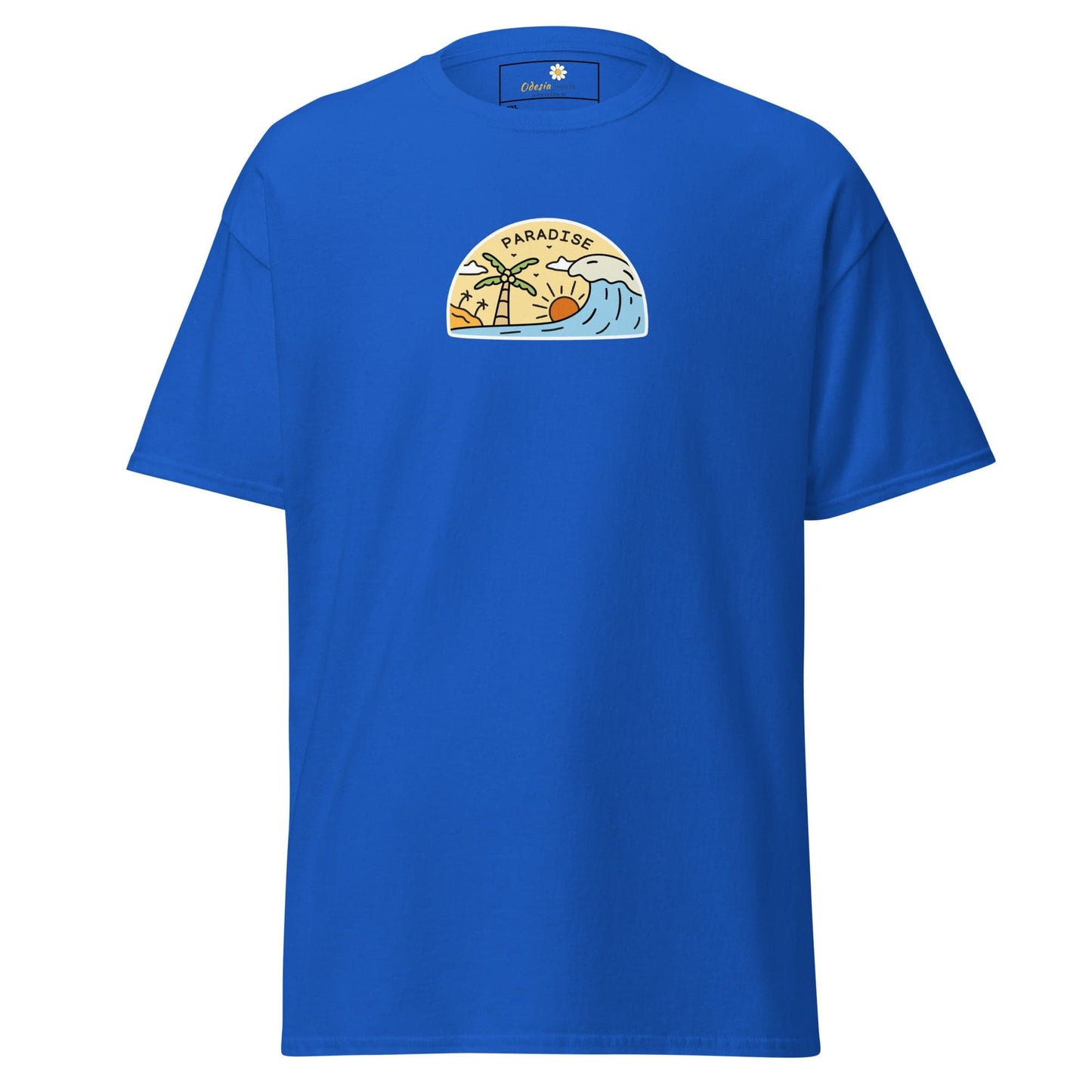Blue t-shirt with beach scene.