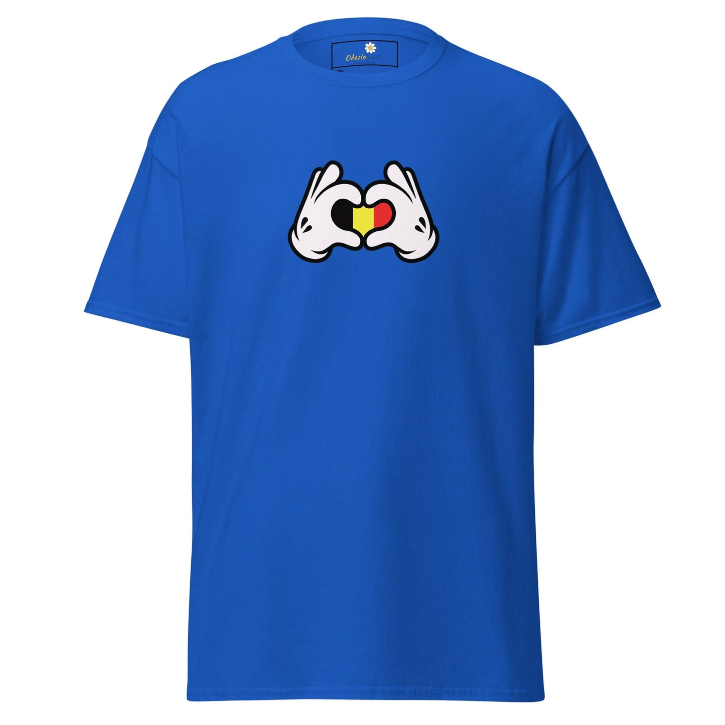 Blue t-shirt with heart-shaped hands.