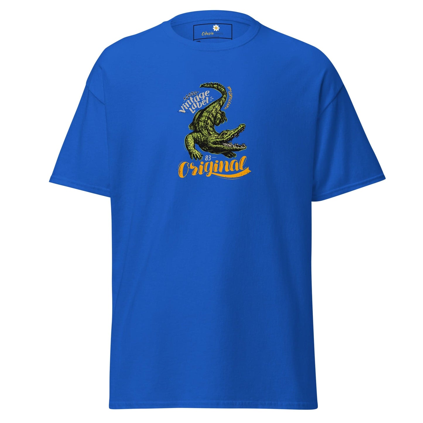 Blue t-shirt with crocodile graphic.
