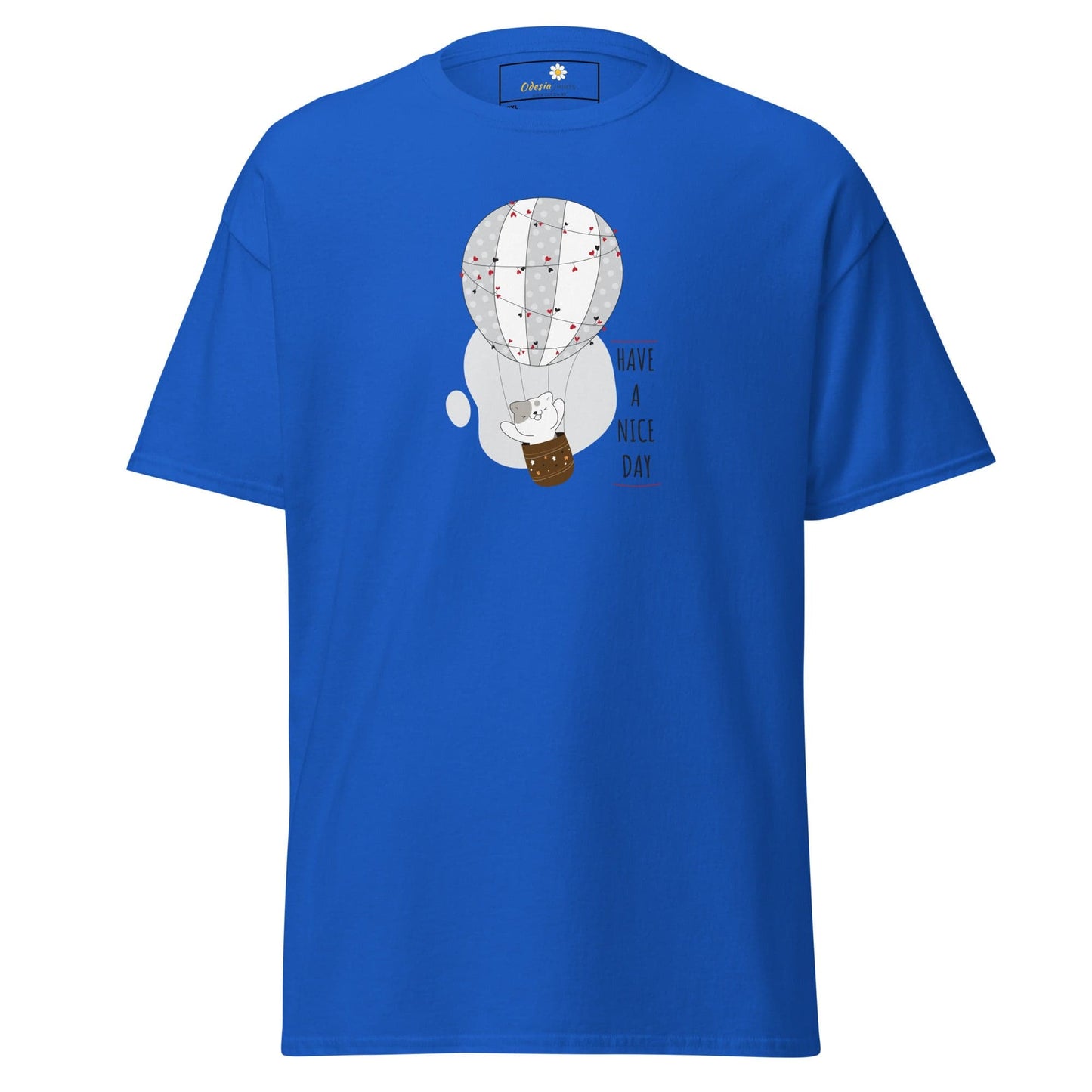 Blue T-shirt featuring a colorful cartoon hot air balloon design for men and women