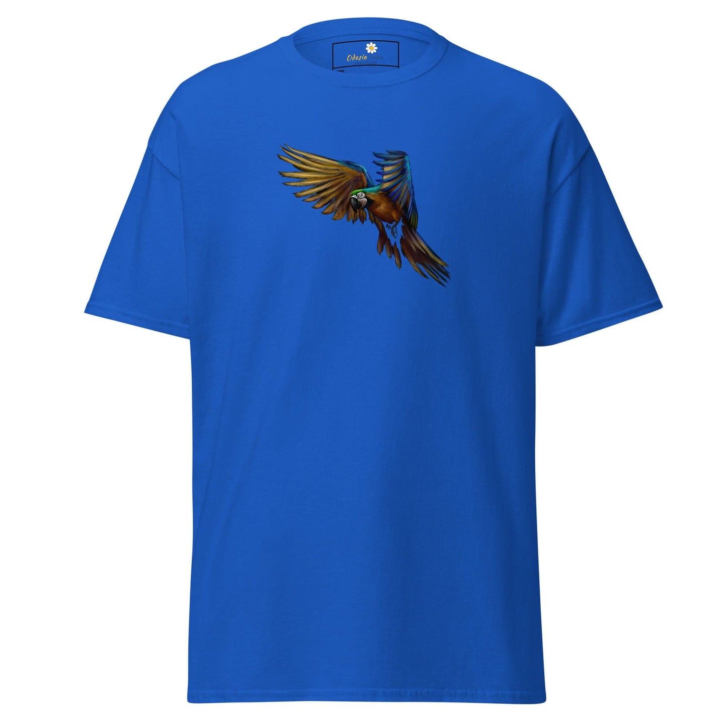 Blue T-shirt with a colorful parrot graphic, available in men’s and women’s sizes from 2XL to 5XL
