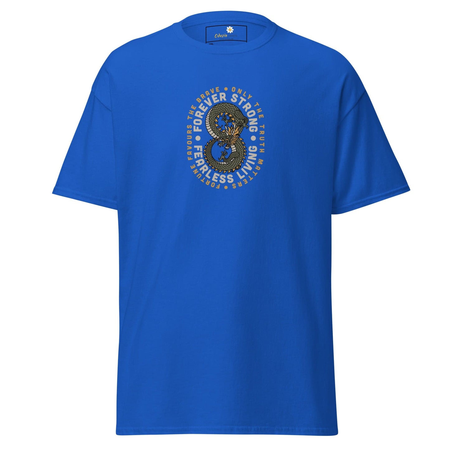 Blue graphic t-shirt.
