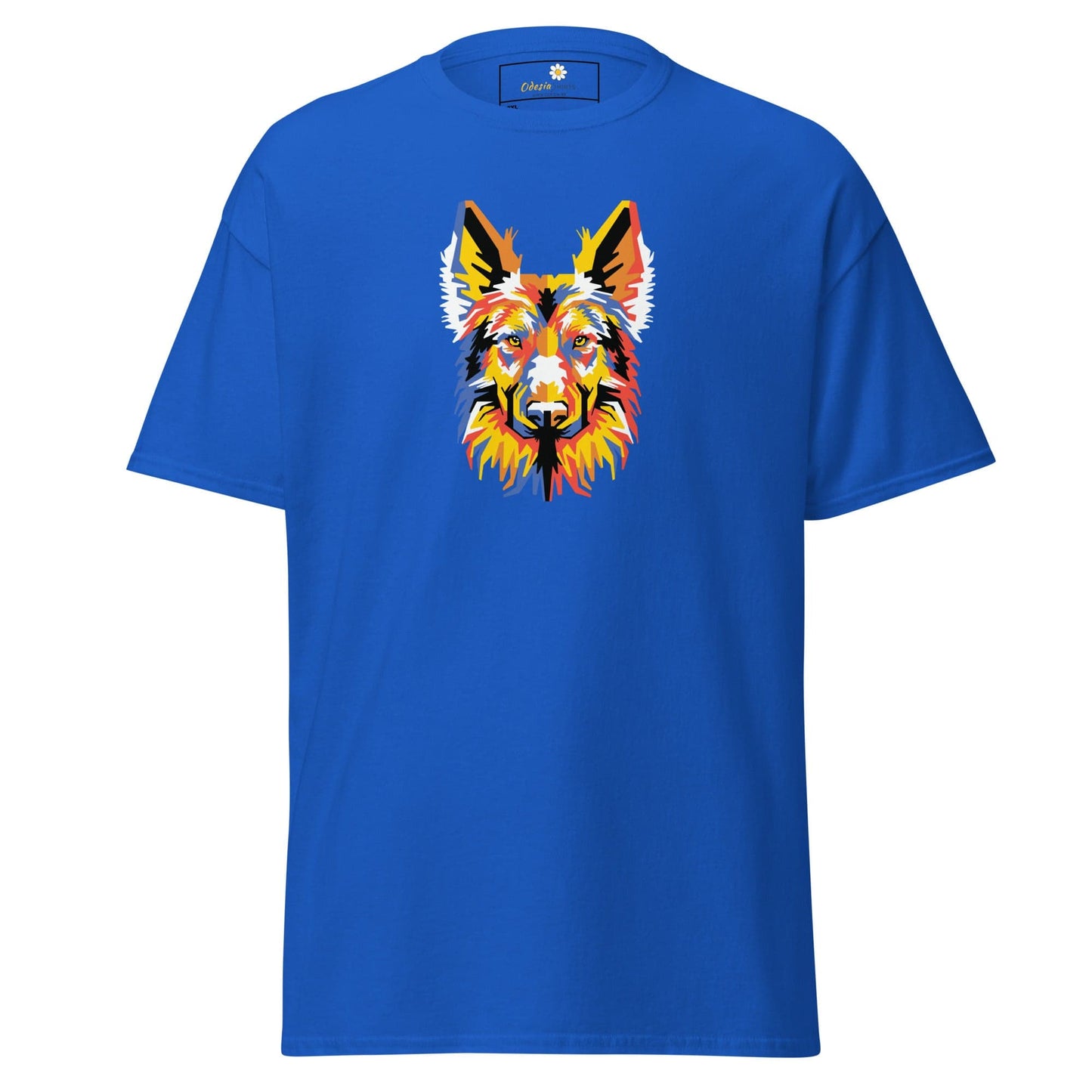Blue T-shirt with colorful dog graphic for Men and Women in 2XL to 5XL sizes