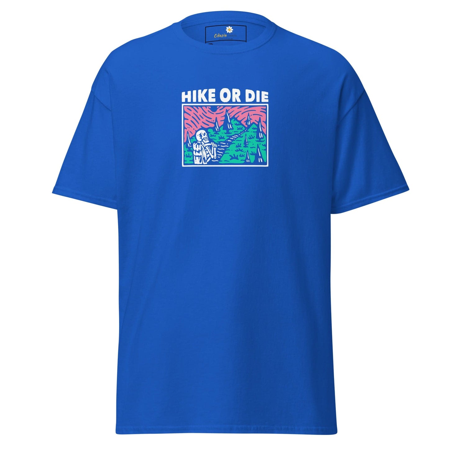 Blue t-shirt with ’Hike or Die’ graphic.