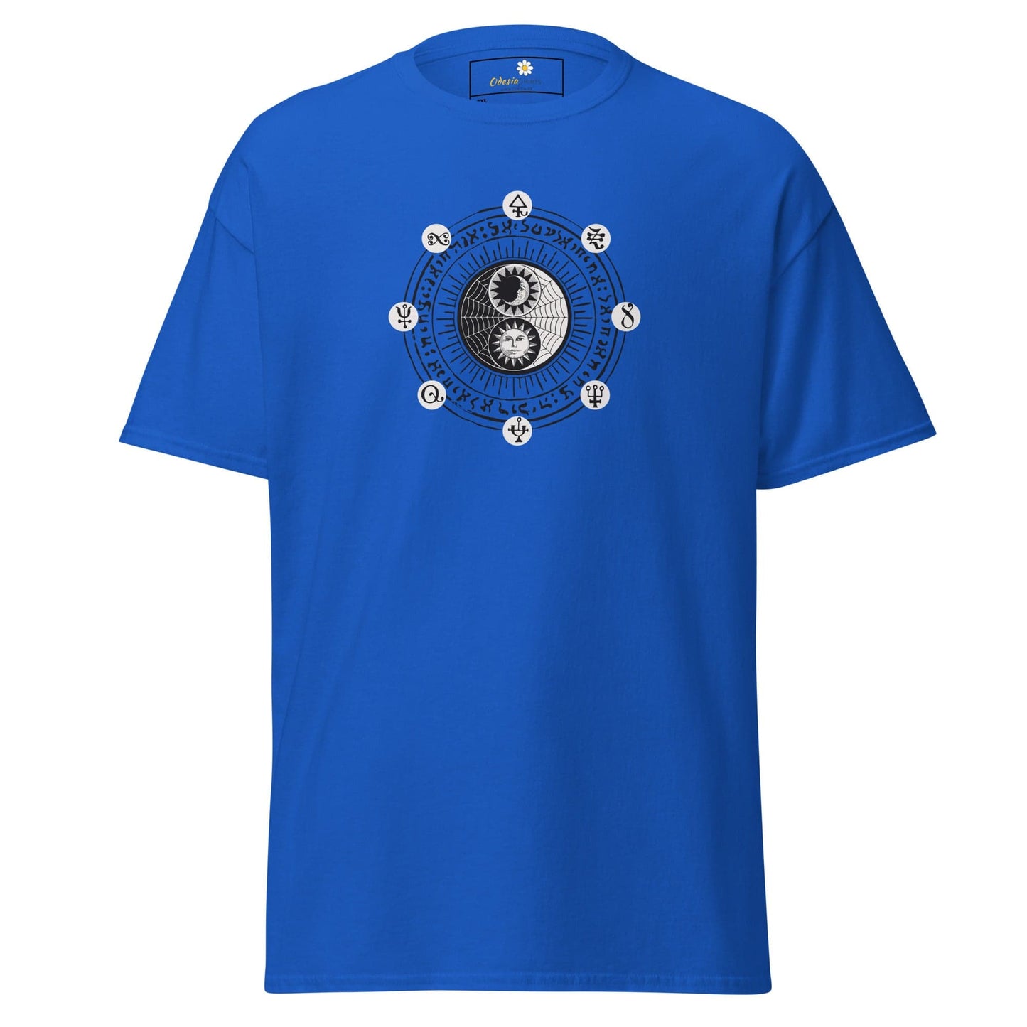Blue t-shirt with yin-yang design.