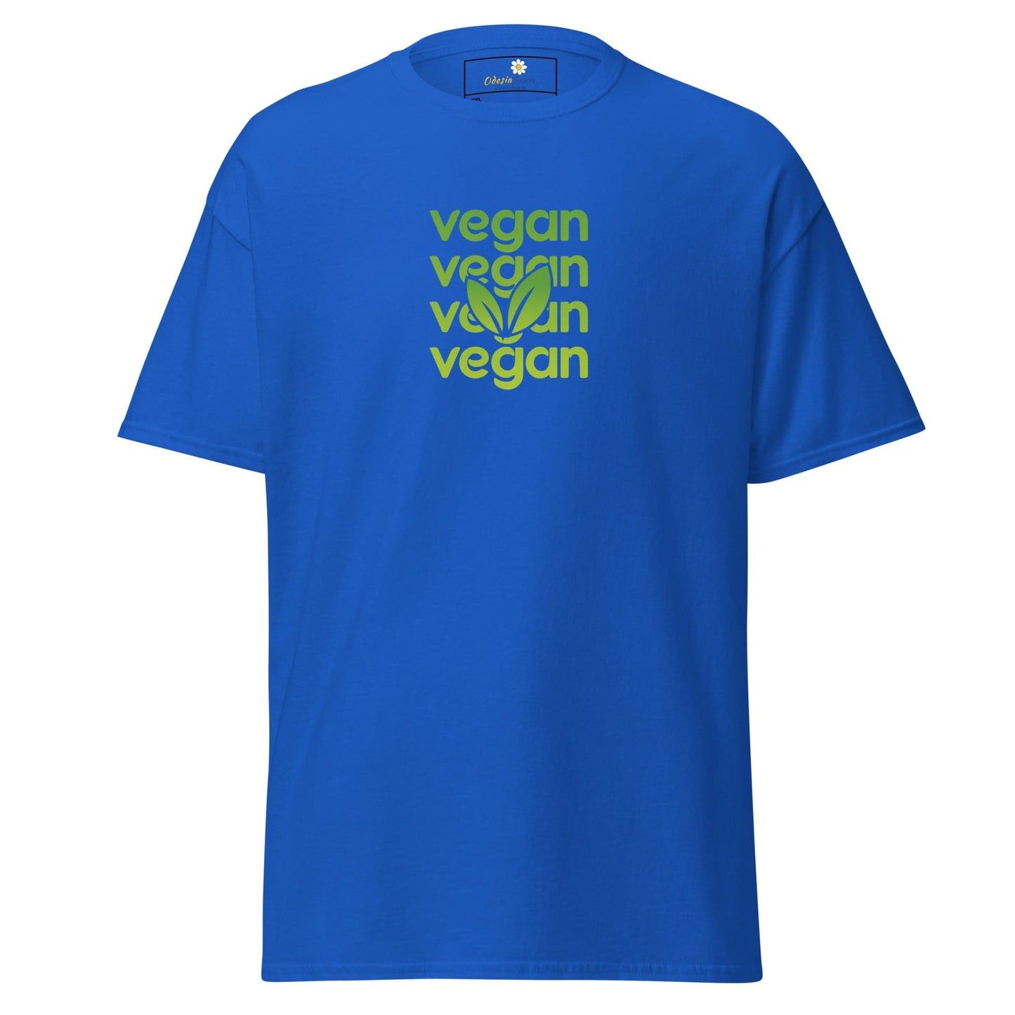 Blue vegan T-shirt displayed in the T-SHIRT DESIGN TEE for men and women, sizes 2XL to 5XL