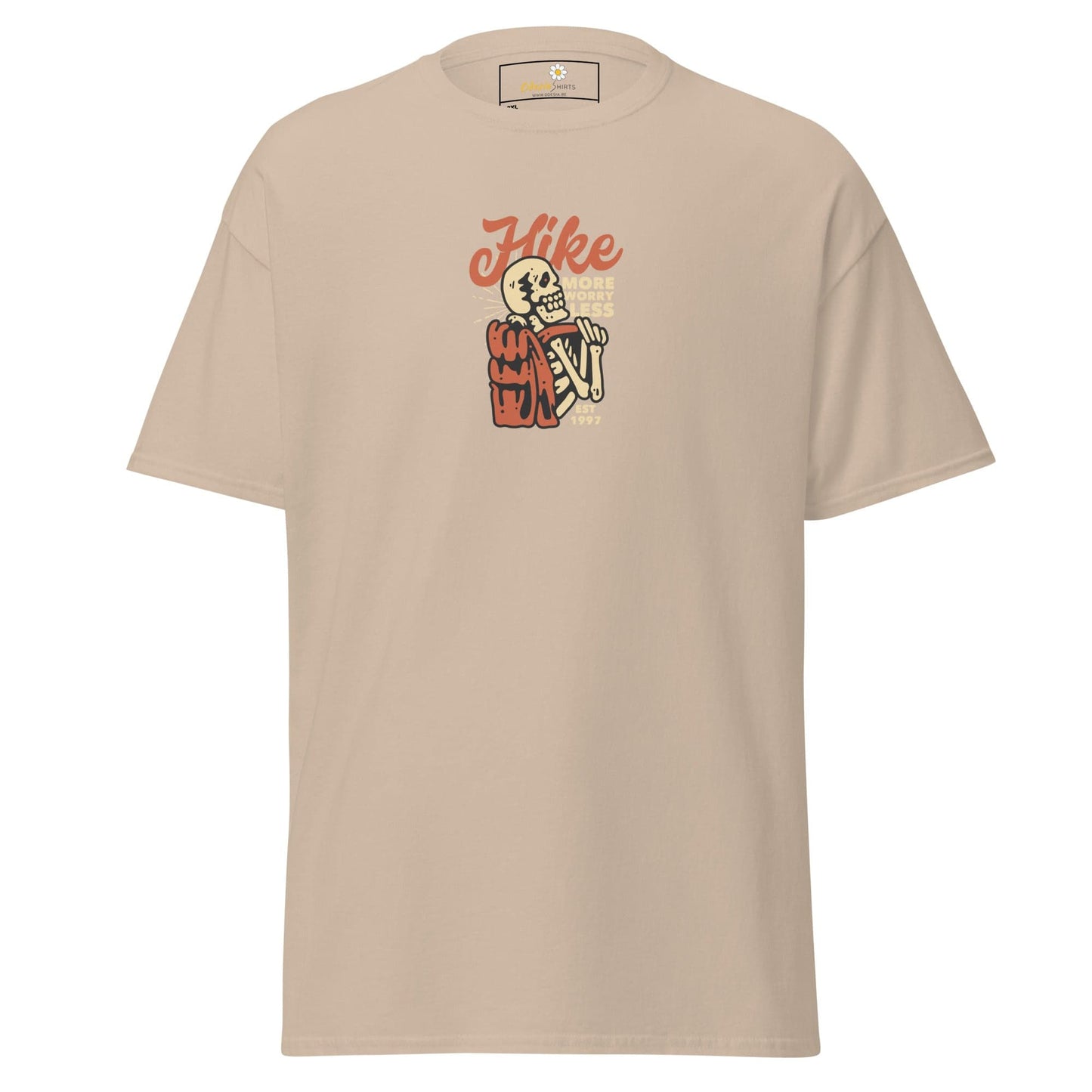 Beige t-shirt with skeleton hiker graphic.