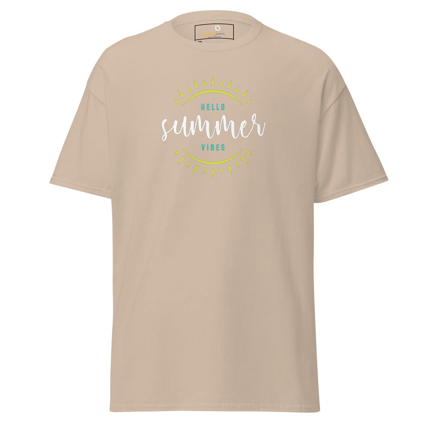 Beige t-shirt with summer graphic.