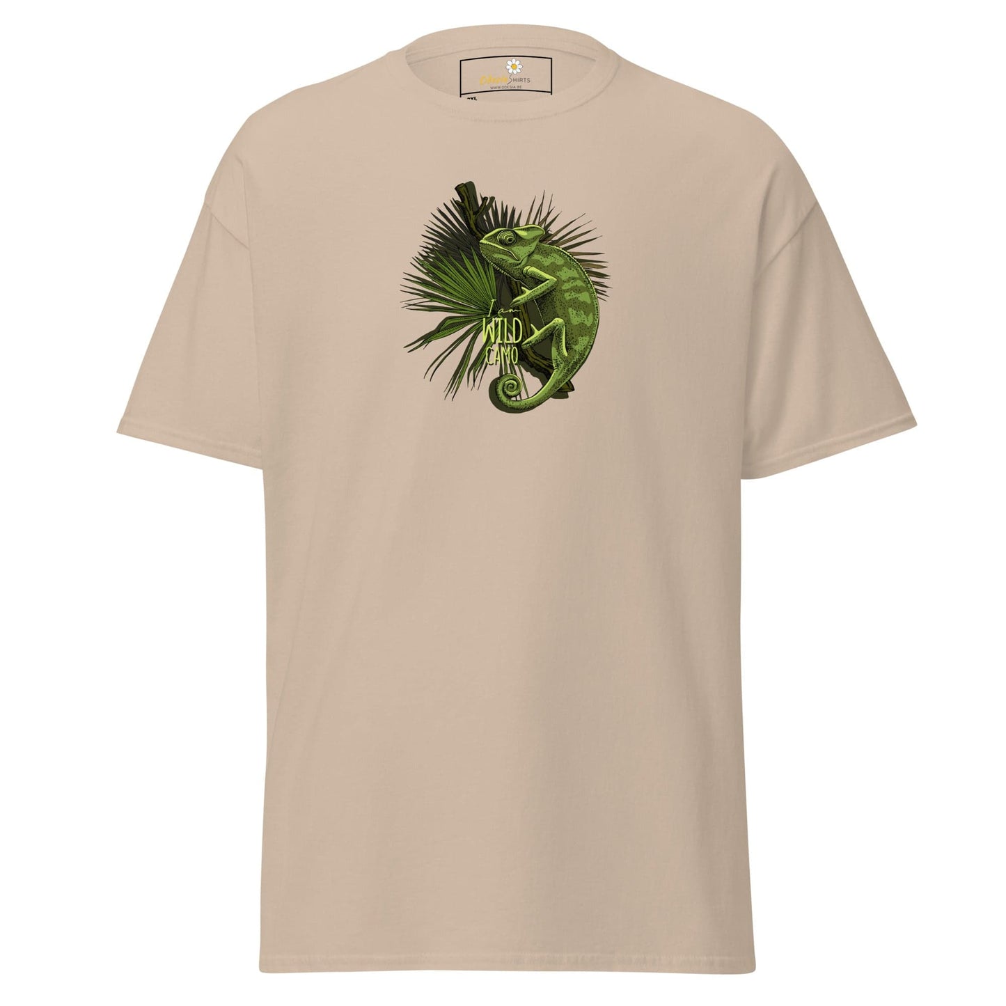 Beige t-shirt with chameleon graphic.