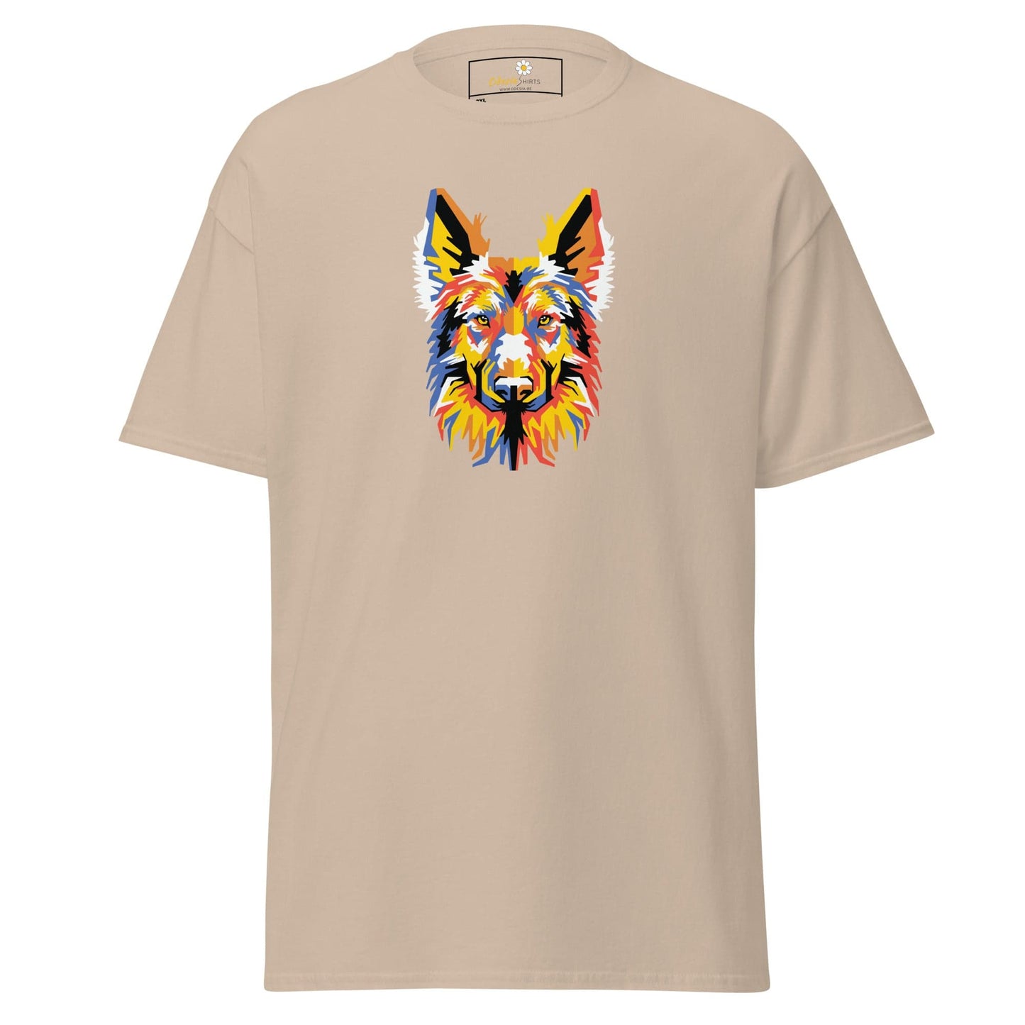 Beige T-shirt with colorful dog graphic for men and women in 2XL to 5XL sizes