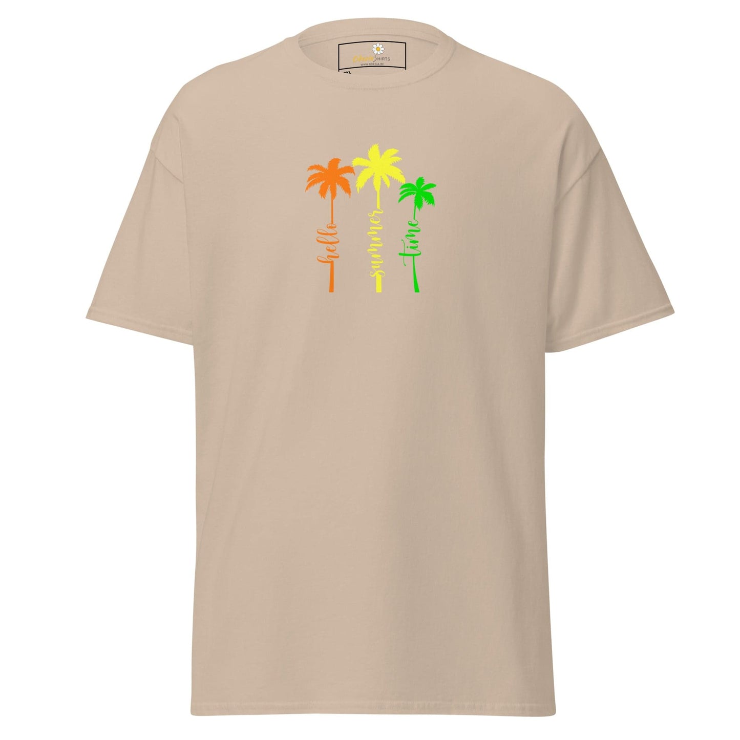 Beige t-shirt with colorful palm tree design.
