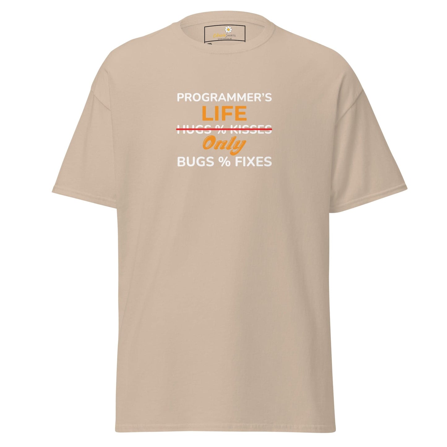Beige t-shirt with programmer humor.