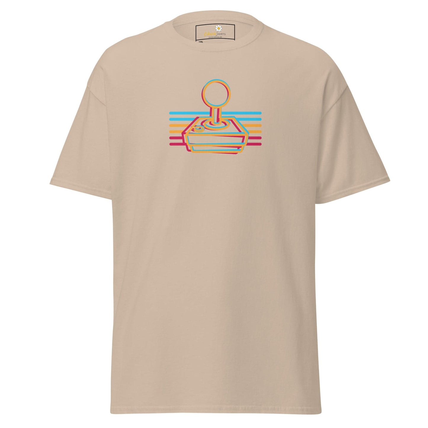 Beige t-shirt with retro joystick design.