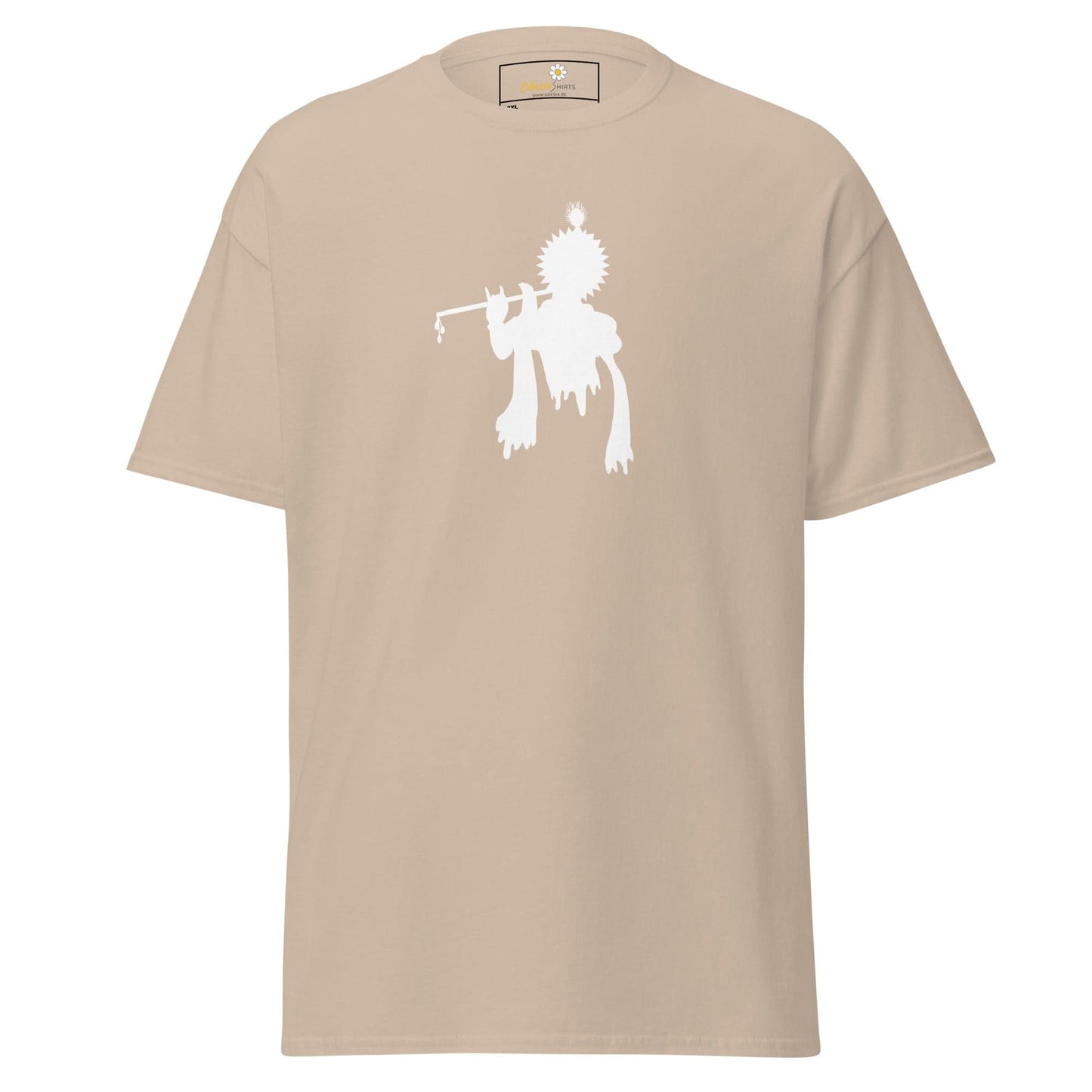 Beige T-shirt featuring a white Krishna graphic for men and women in plus sizes 2XL to 5XL