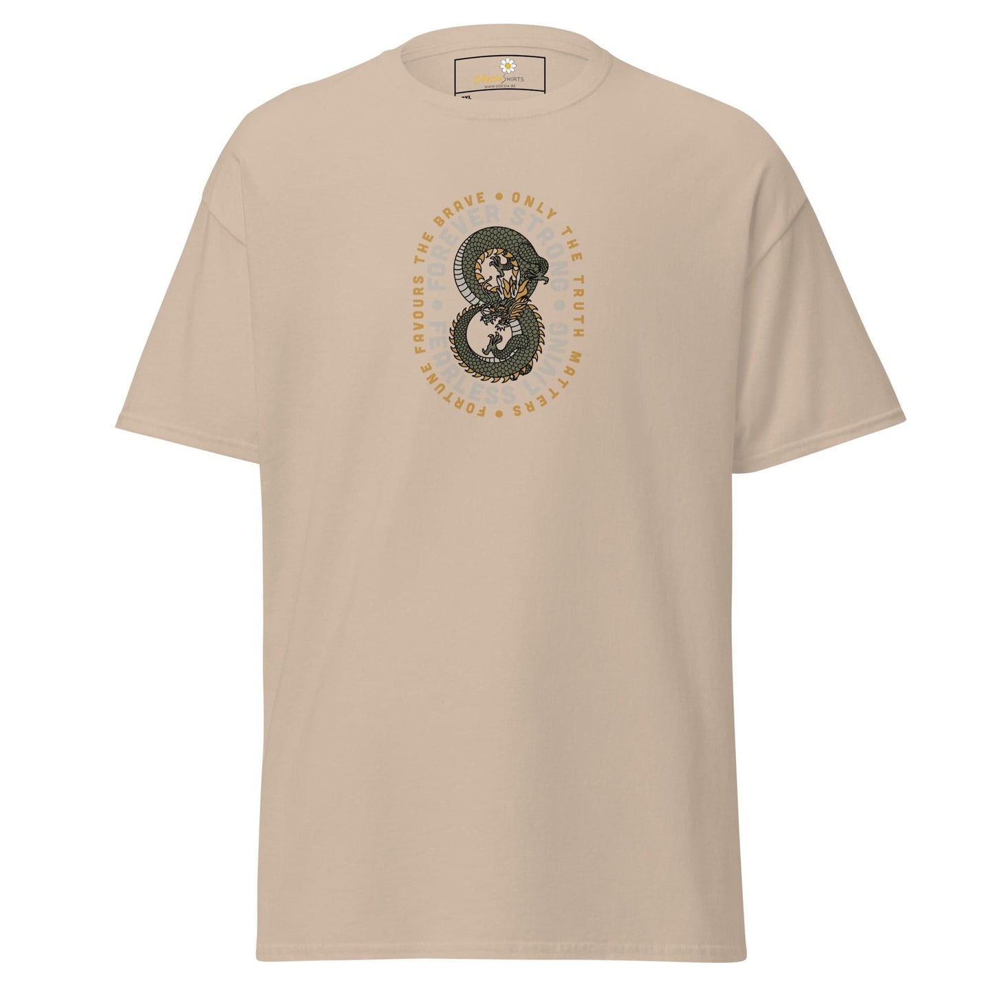 Beige t-shirt with dragon graphic.