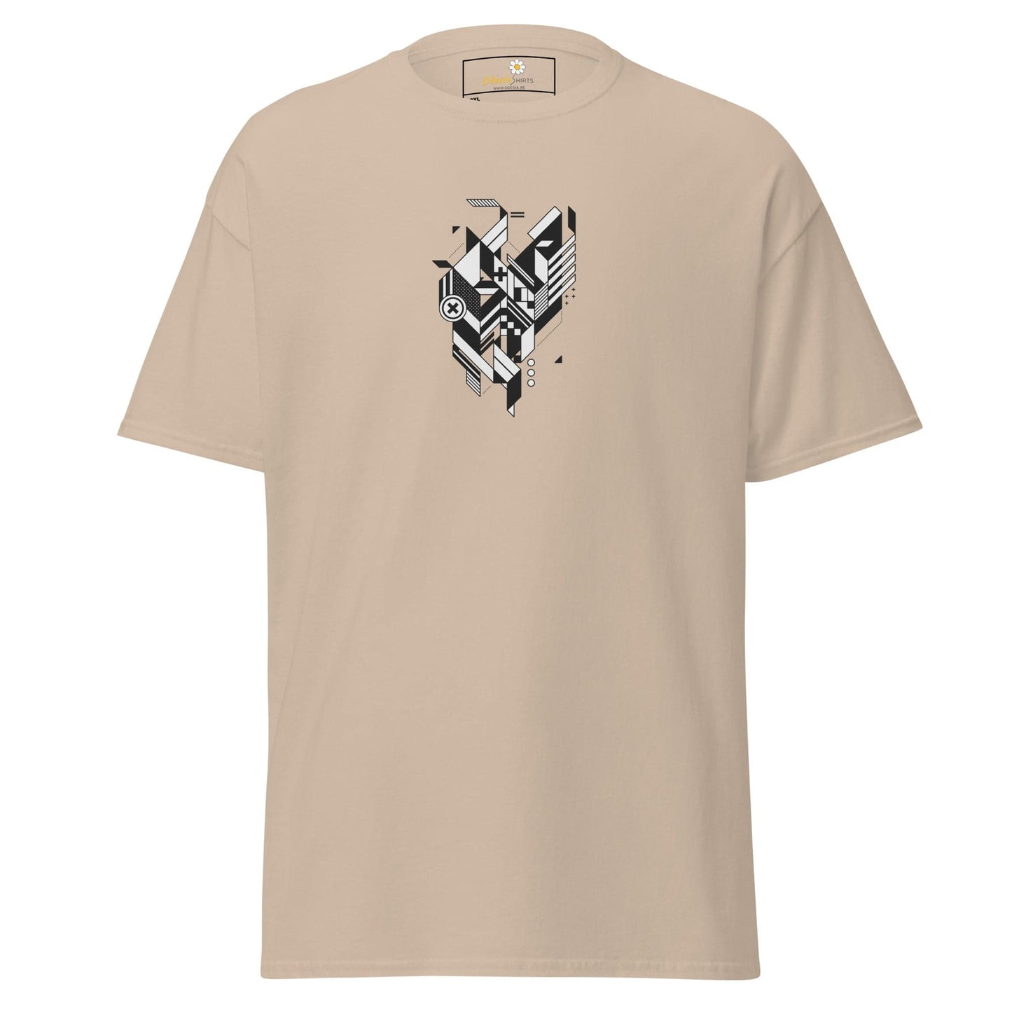 Beige t-shirt with geometric design.
