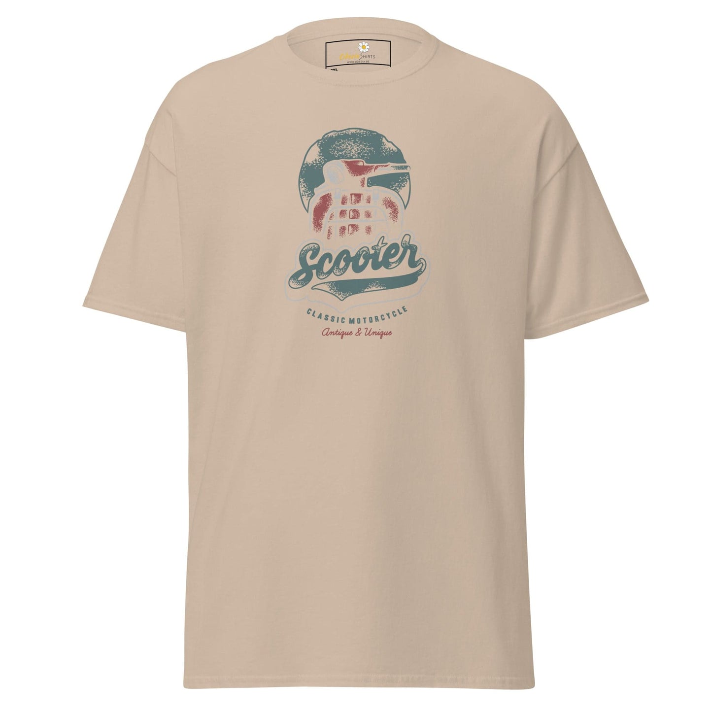 Beige t-shirt with a scooter graphic.