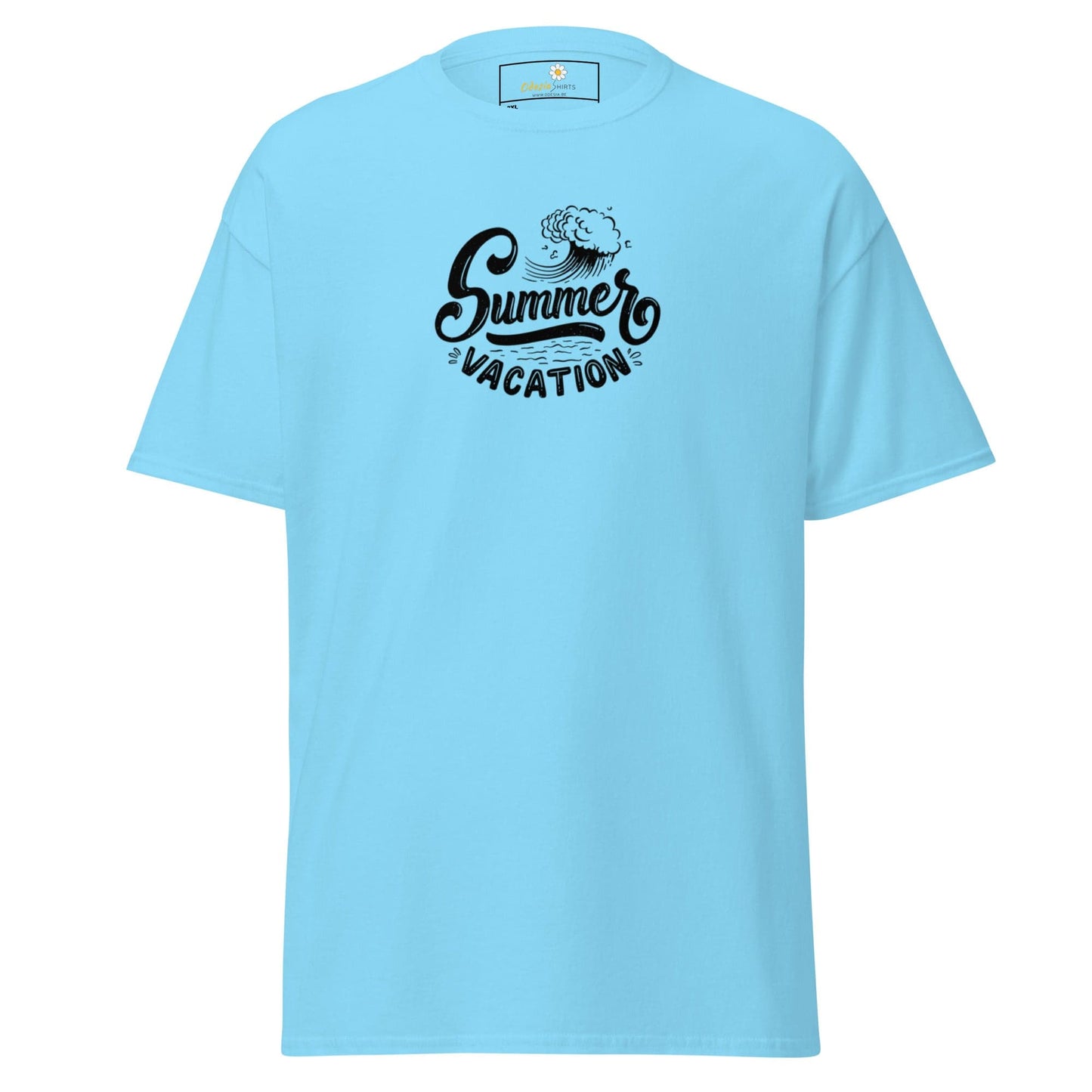 Light blue T-shirt with Summer Vacation graphic for Men and Women in 2XL to 5XL sizes