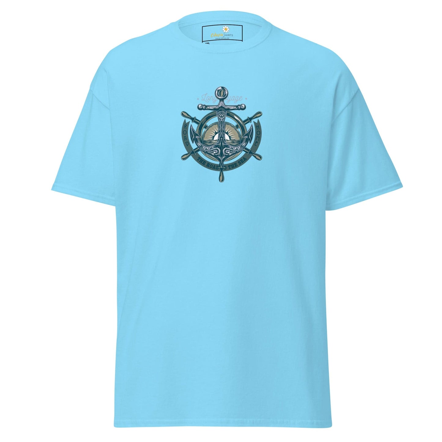 Light blue T-shirt with nautical design for men and women in sizes 2XL to 5XL