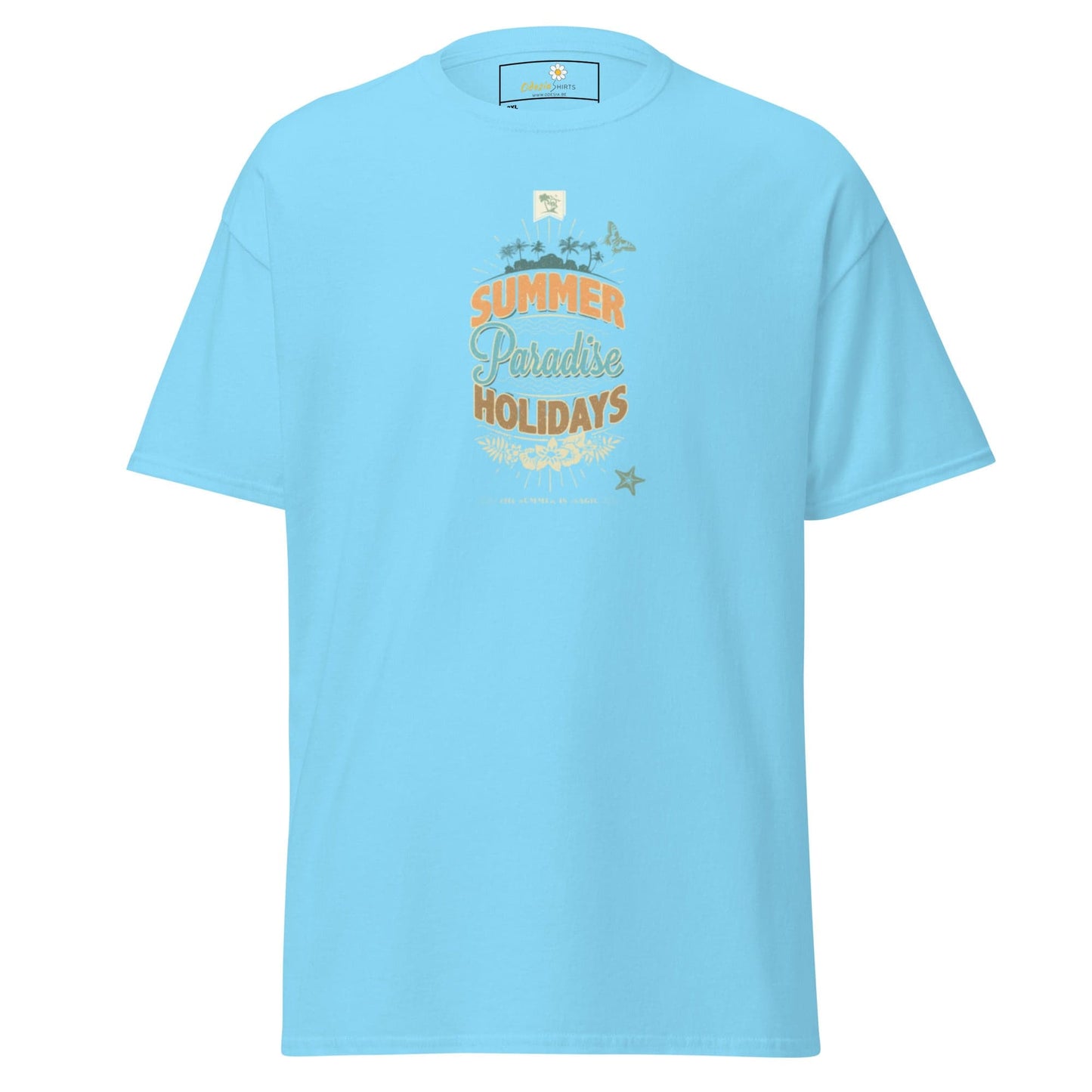 Light blue t-shirt with summer-themed graphic.