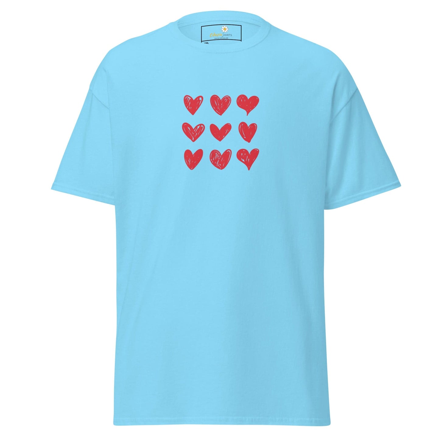 Light blue t-shirt with red heart pattern.