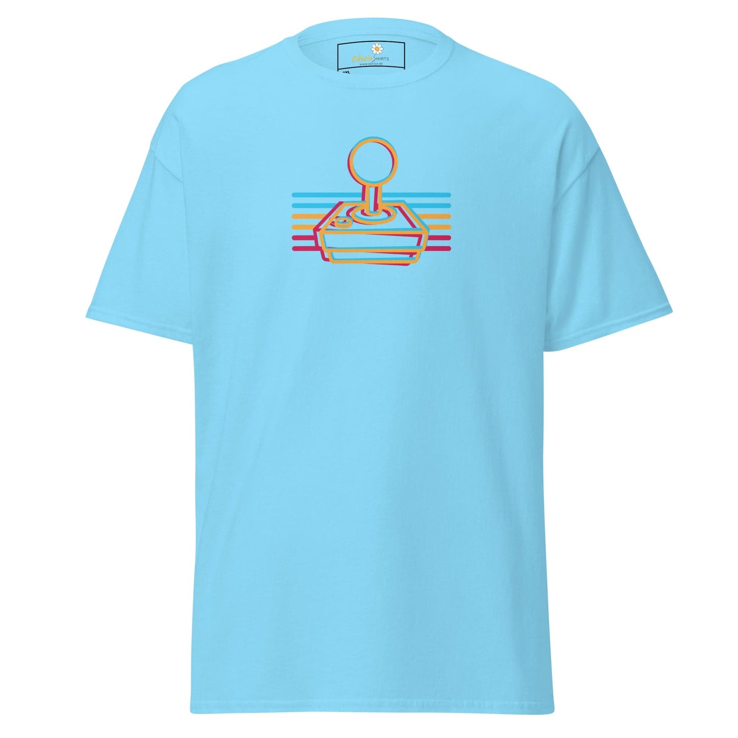 Light blue t-shirt with retro joystick design.