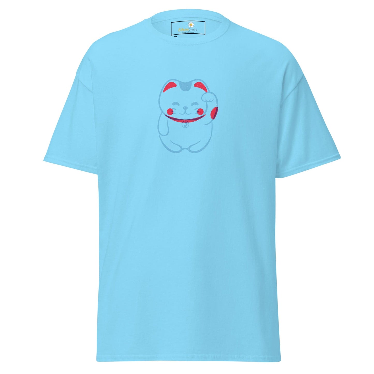 Light blue T-shirt with a cartoon cat design, available in large sizes for men and women