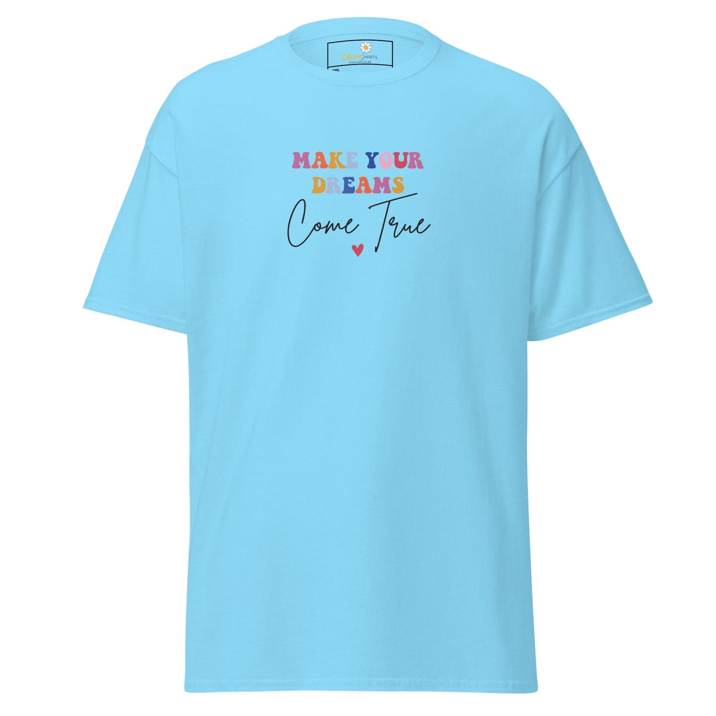 Light blue t-shirt with colorful text.