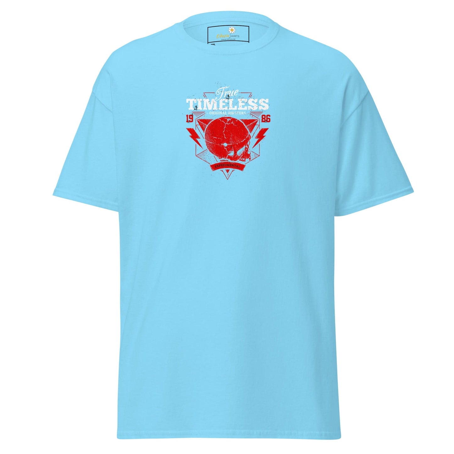 Light blue men’s and women’s T-shirt with graphic design available in sizes 2XL to 5XL