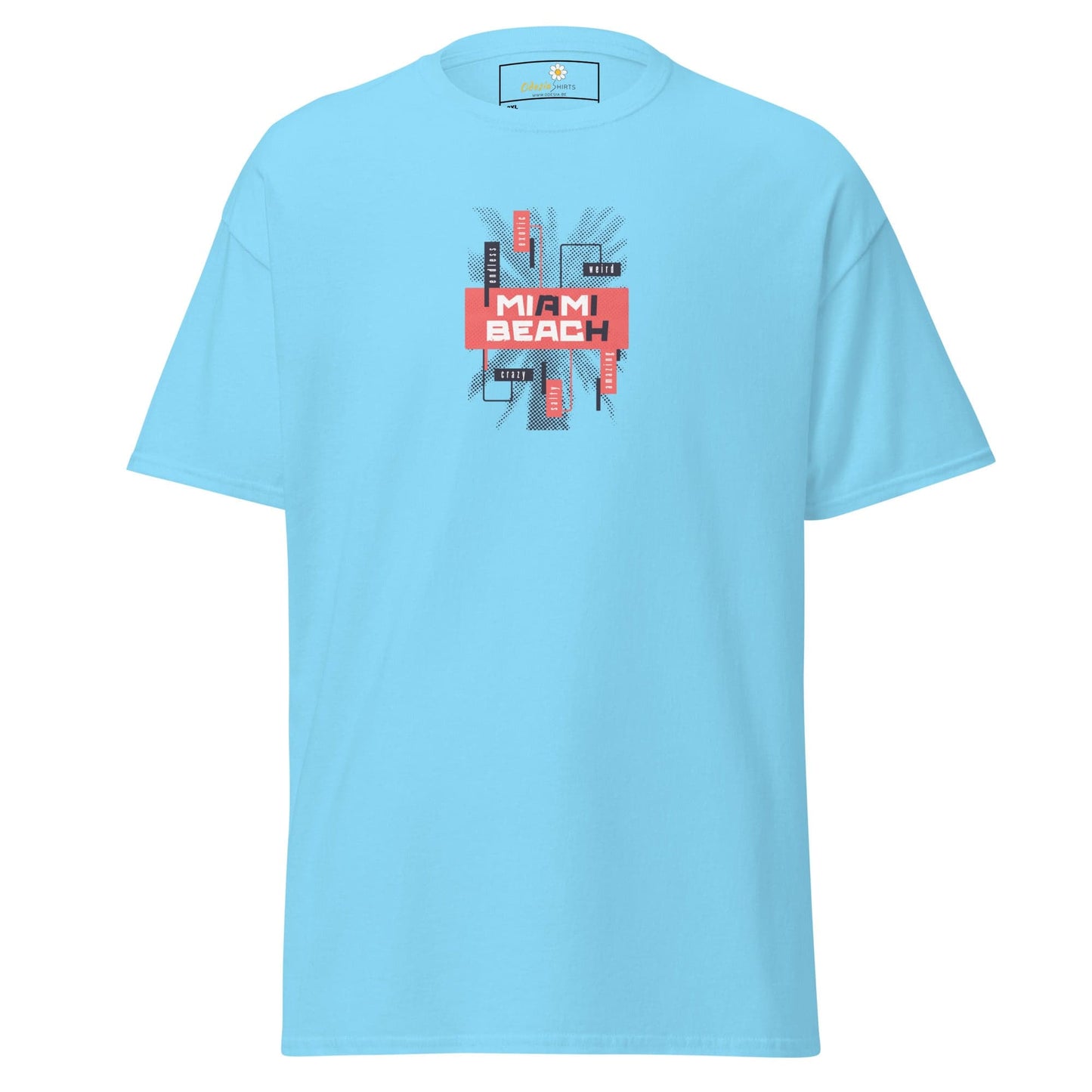 Light blue T-shirt featuring Miami Beach graphic for men and women in plus sizes