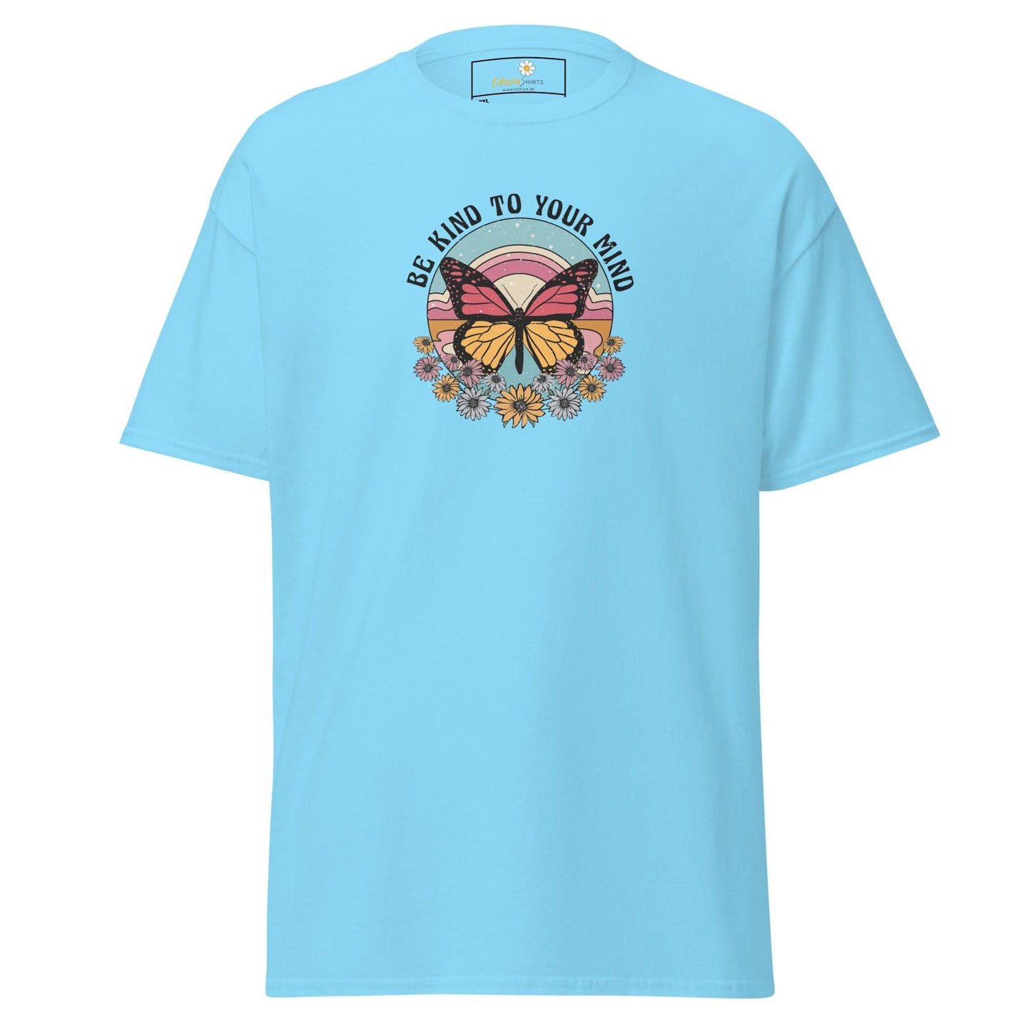 Light blue t-shirt with butterfly graphic.