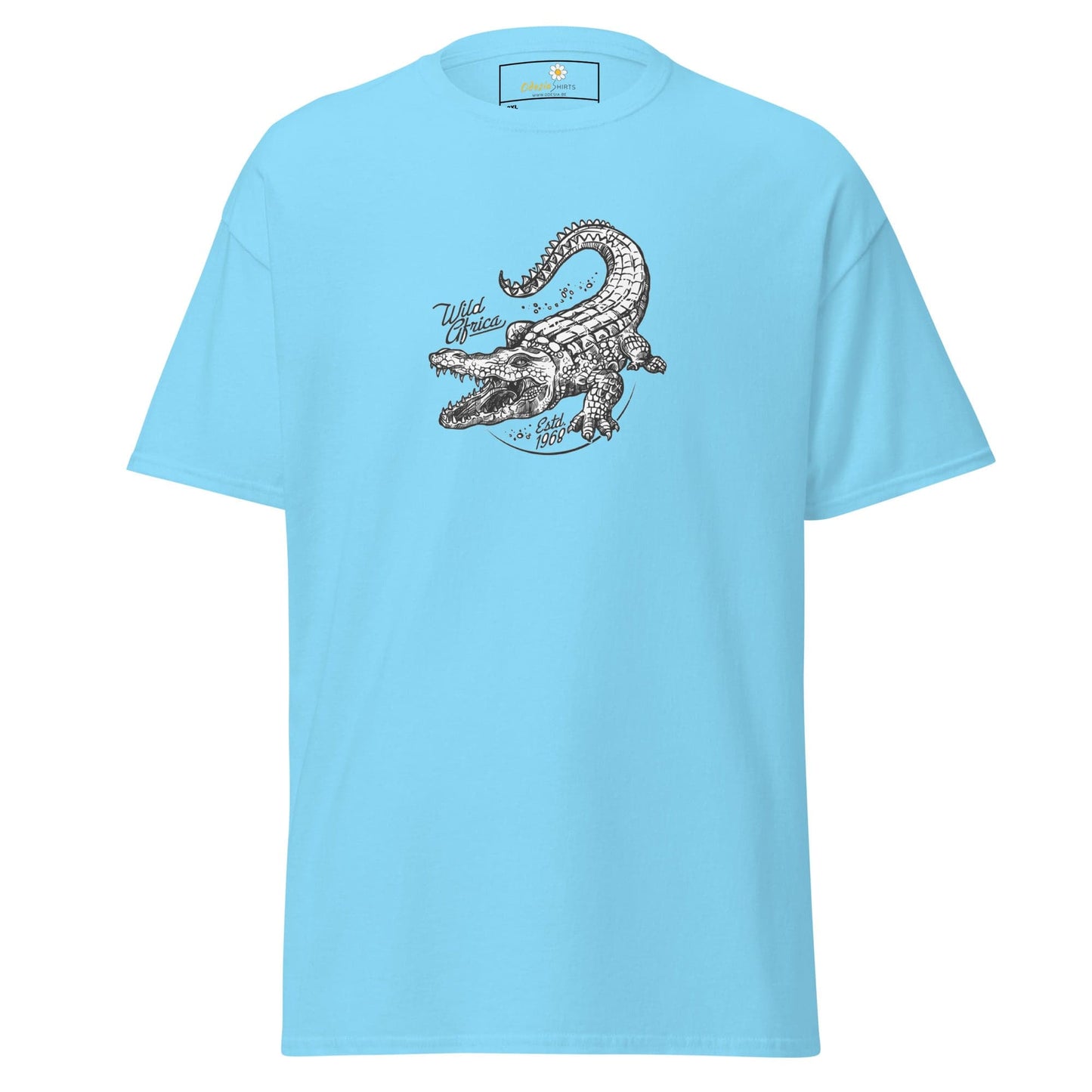 Light blue t-shirt with crocodile graphic.
