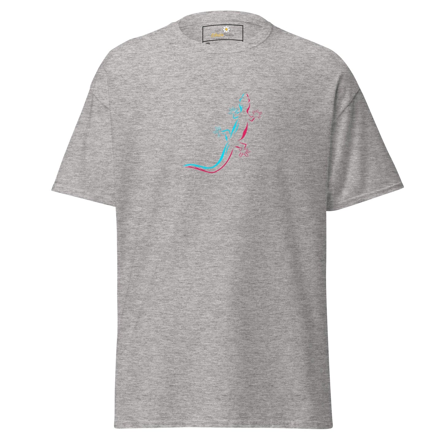 Gray t-shirt with lizard design.