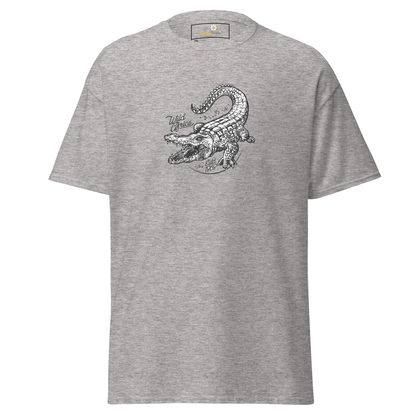Gray t-shirt with crocodile graphic.