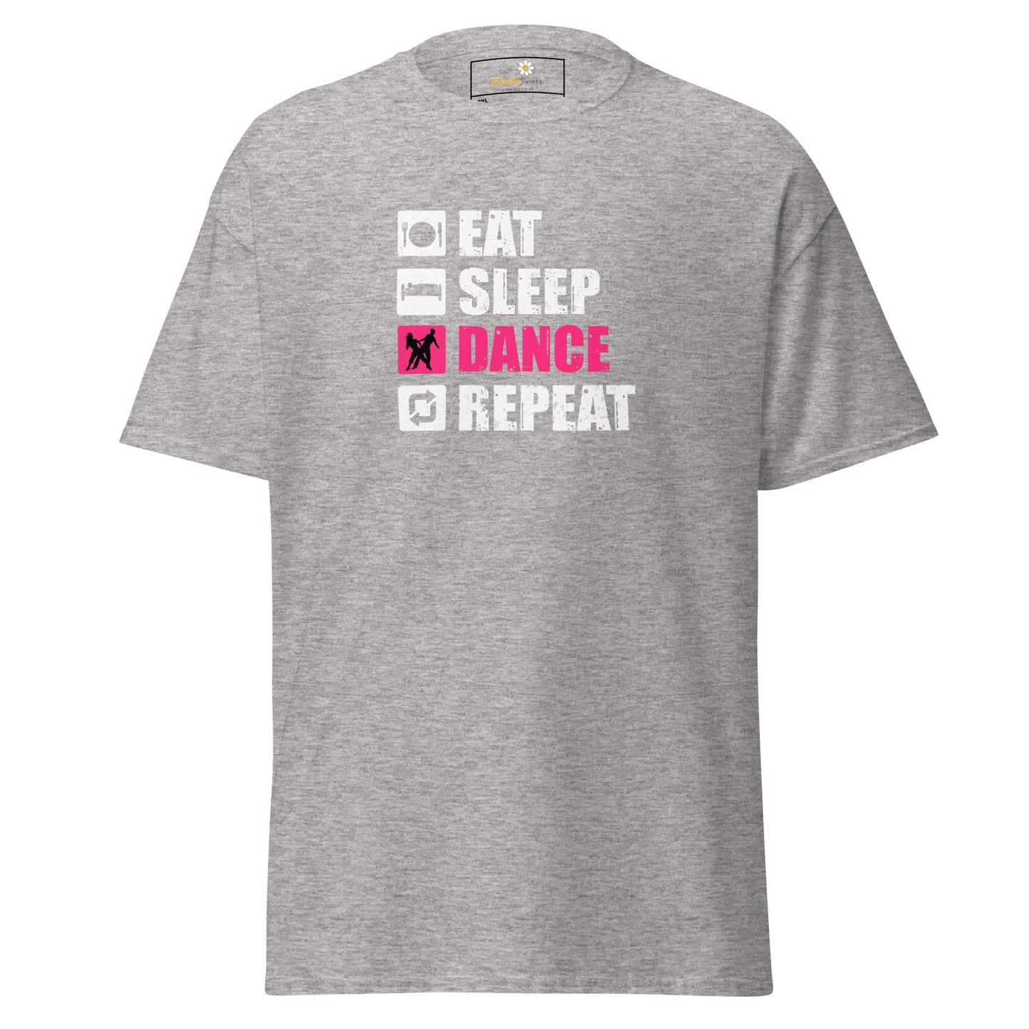 Gray t-shirt with ’Eat Sleep Dance Repeat’ graphic.