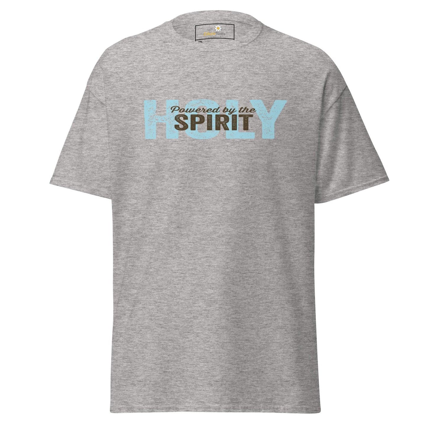 Gray T-shirt with Powered by the Holy Spirit text, available in men’s and women’s sizes