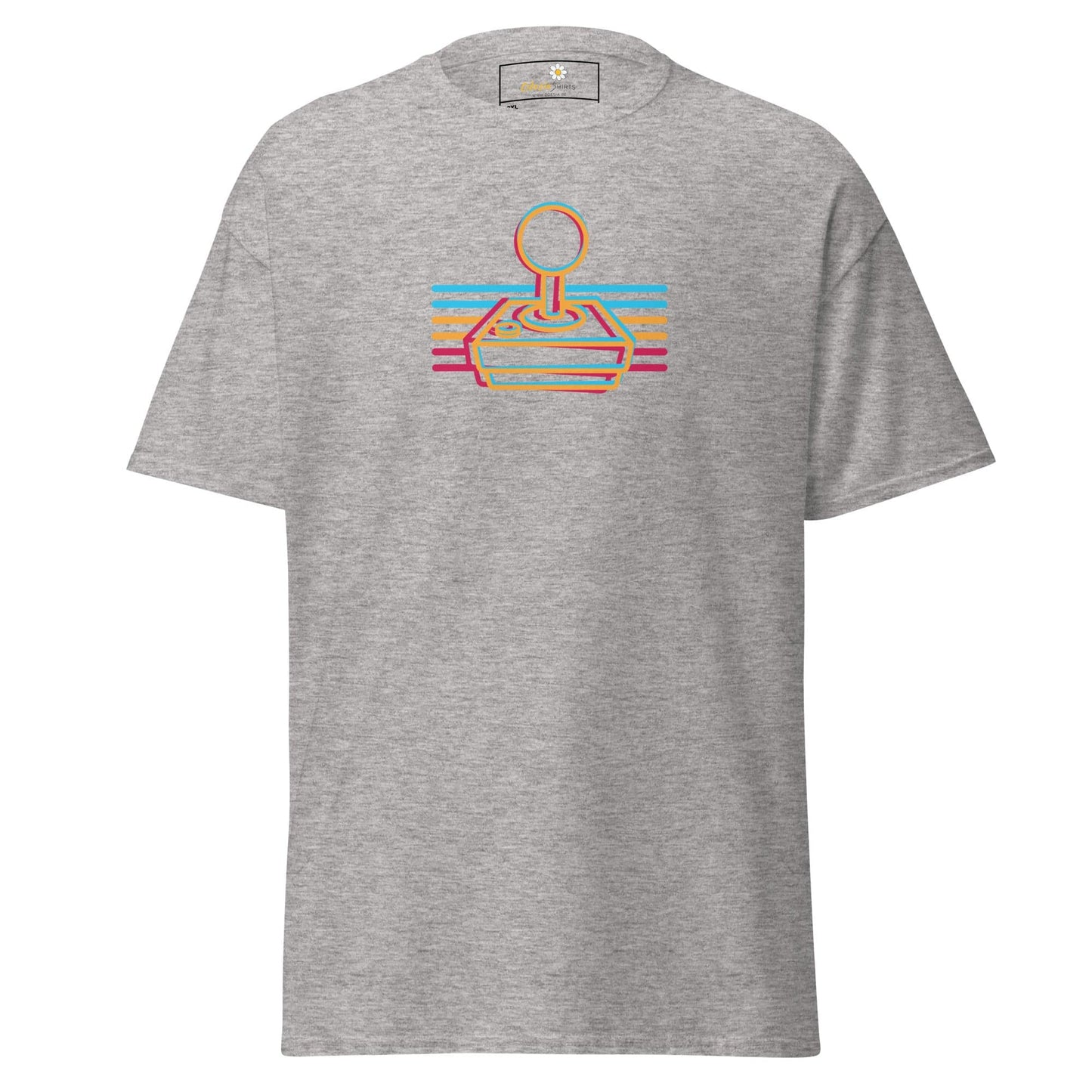 Gray t-shirt with retro joystick design.