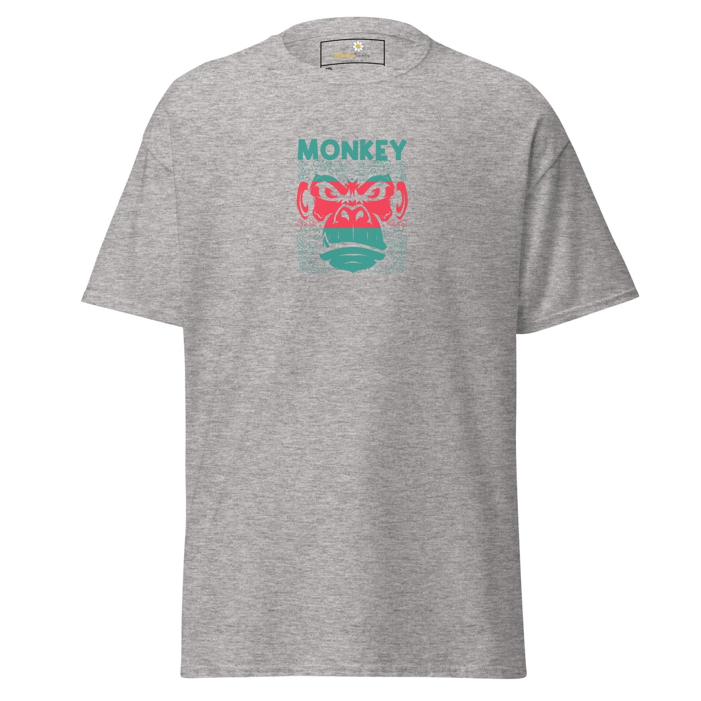 Gray T-shirt featuring a monkey graphic from T-SHIRT DESIGN TEE for Men and Women