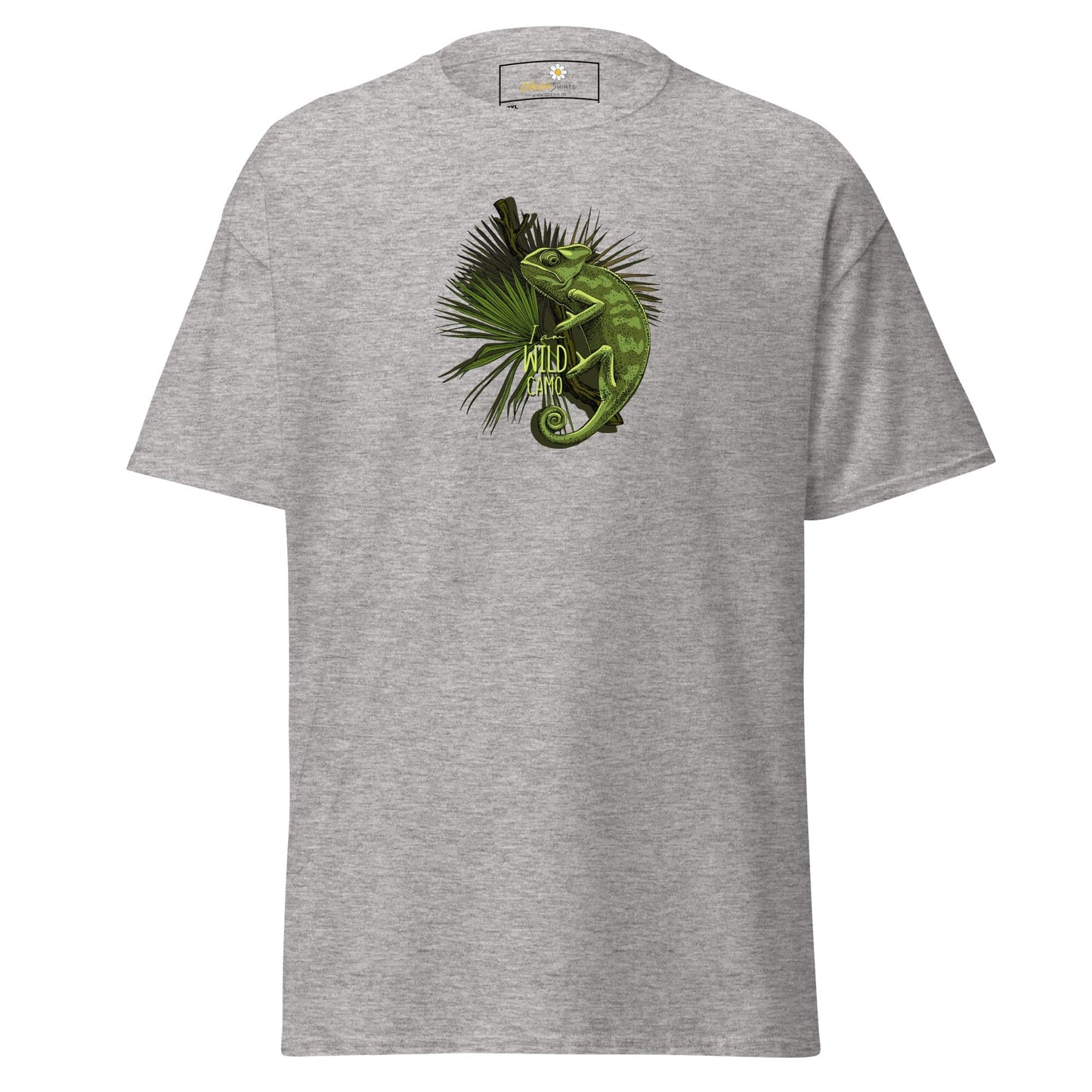 Gray t-shirt with chameleon graphic.