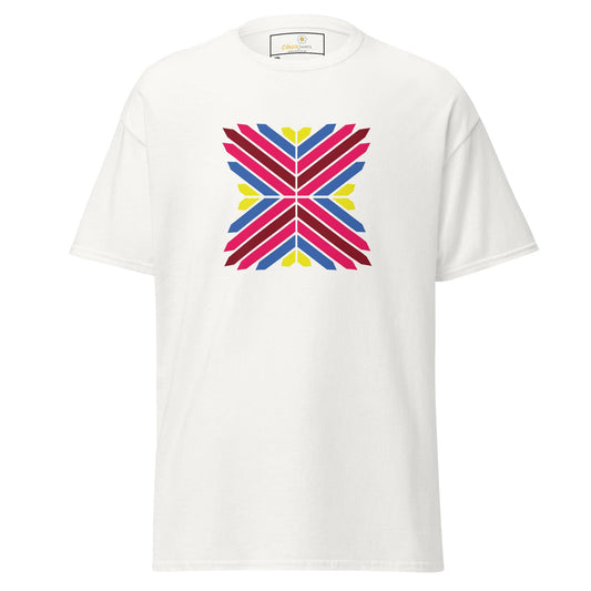 White T-shirt with colorful geometric design for Men and Women in sizes 2XL to 5XL