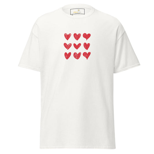 White t-shirt with red heart pattern.